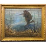 LARGE PAINTING OF A HUNTER ON SKATES ON THE FROZEN RIVER OIL ON CANVAS (POSSIBLY RUSSIAN)