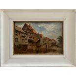 Robert Danz (1841-1916). Oil on canvas. “River with Ducks and Houses”. Signed