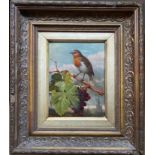 Attributed to Eloise Harriet Stannard S.W.A. Oil on canvas. “A Robin Sitting on a Grape Vine”