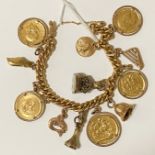 THREE HALF SOVEREIGNS ONE FULL SOVEREIGN AND ONE RAND GOLD COIN WITH CHARMS & 18CT GOLD BRACELET