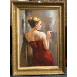 GILT FRAMED OIL ON CANVAS ''LADY SMOKING'' BY HODGKINS 80CMS (H) 112CM (W) APPROX