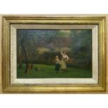 VICTORIAN OIL PAINTING BY ARTHUR LANGLEY VERNON - LADIES PICKING APPLES