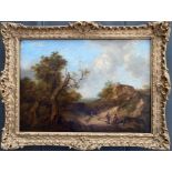 FOLLOWER OF THOMAS GAINSBOROUGH RA 1727-1788 OIL ON BOARD - FIGURES & DOG ON COUNTRY TRACK -