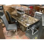 BROWN MARBLE EFFECT TABLE, 4 STYLISH BLACK SUEDE & METAL DINING CHAIRS AND COFFEE TABLE