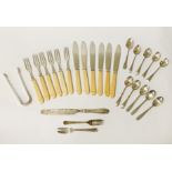 QTY OF SILVER SPOONS & H/M SILVER KNIFE & FORK SET