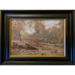 ERNEST GEORGE BEACH 1865- 1934 OIL ON BOARD - WOODCUTTERS IN FOREST - SIGNED 20CM X 30CM - VERY NICE