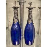 PAIR SILVER PLATED & BRISTOL BLUE GLASS DECANTERS 34CMS (H) APPROX