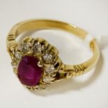 18CT GOLD RUBY & DIAMOND RING - SIZE O - APPROX 4.3G