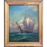 WILLIAM STEEPLE DAVIS 1884-1961 OIL ON CANVAS - AMERICAN 5 MAST COASTER TALL SHIP - SIGNED VERSO