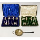 2 STERLING SILVER BOXED CUTLERY SETS WITH STERLING SILVER TEA STRAINER