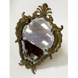 EARLY ORNATE BEVELLED SMALL MIRROR - BRASS FRAMED 22CMS X 17CMS