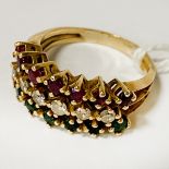18CT GOLD (TESTED) DIAMOND, EMERALD & RUBY RING - SIZE K