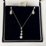 9CT WHITE GOLD EARRINGS, PENDANT & CHAIN WITH CRYSTAL STONES