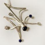 9CT WHITE GOLD DIAMOND SAPPHIRE BROOCH