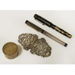 H/M SILVER NURSES BELT BUCKLE WITH SILVER COIN BOX & 2 14 KARAT NIB FOUNTAIN PENS INC SHEFFER