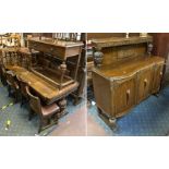 OAK TABLE, SIX CHAIRS, SIDEBOARD & OAK HALL TABLE