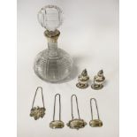 COLLECTION OF ITEMS TO INCL H/M SILVER CRUETS, DECANTER AND WINE LABELS