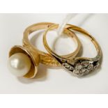 18 CARAT GOLD PEARL RING WITH 18 CARAT GOLD DIAMOND RING SIZE M
