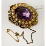 ANTIQUE GOLD PEARL & PURPLE STONE BROOCH