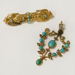 9CT GOLD TURQUOISE PENDANT BROOCH - APPROX 6G