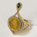 14CT QUARTER SOVEREIGN RING WITH DIAMONDS & EMERALD