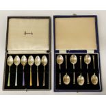 CASE OF 6 STERLING SILVER & ENAMEL TEASPOONS WITH ANOTHER SET OF H/M SILVER TEASPOONS