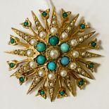 9CT GOLD TURQUOISE & PEARL BROOCH 10 GRAMS APPROX