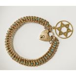 9CT GOLD LOCK CHARM BRACELET WITH TURQUOISE & STAR OF DAVID - APPROX 18 GRAMS