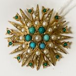 9CT GOLD TURQUOISE & SEED PEARL BROOCH