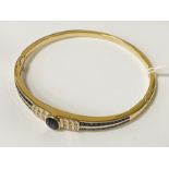 18CT YELLOW GOLD, DIAMOND & SAPPHIRE BANGLE - 19 GRAMS APPROX