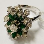 WHITE GOLD DIAMOND & EMERALD RING - SIZE L - 7.5 GRAMS APPROX