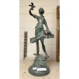 BRONZE FIGURE OF WOMAN WITH BIRDS 43CM (H)