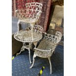 CAST IRON TABLE, TWO CHAIRS & BENCH