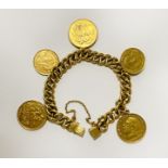 18 CT. GOLD BRACELET WITH 3 FULL SOVEREIGNS & 2 HALF SOVEREIGNS - TOTAL WEIGHT 70 GRAMS APPROX.
