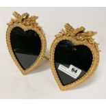 PAIR GILT BRONZE HEART PHOTO FRAMES 19CMS X 12CMS APPROX