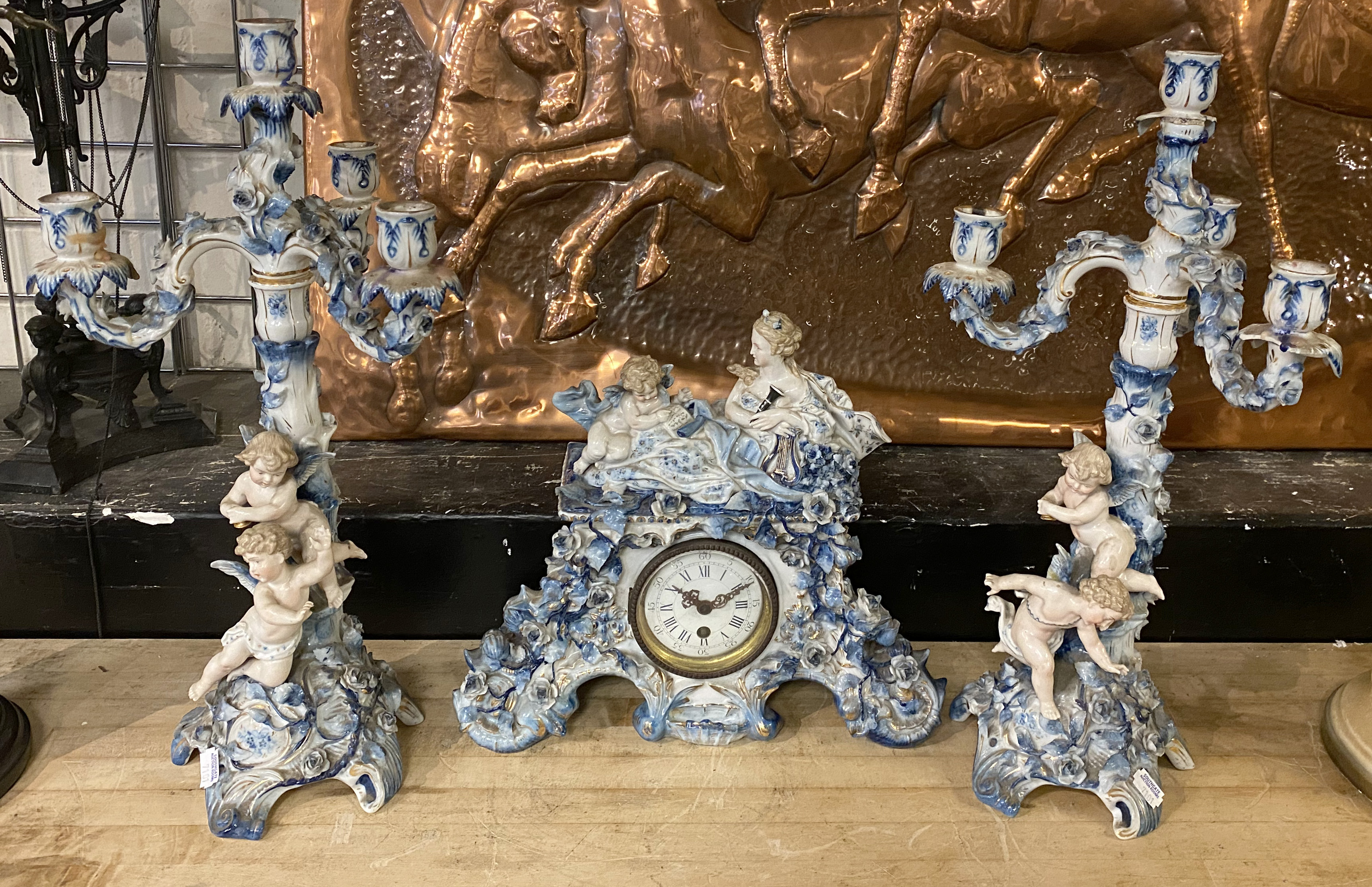 19THC MANTLEPIECE GROUP- GERMAN PORCELAIN A/F