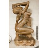 CARVED WOODEN FIGURE OF A GIRL 65CMS (H) APPROX