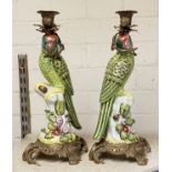 PAIR BRONZE & PORCELAIN PARROT CANDLESTICKS 36CMS APPROX