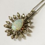 14K WHITE GOLD DIAMOND & OPAL PENDANT WITH 9K WHITE GOLD CHAIN