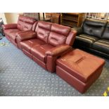 SCS 2 SEATER SOFA & 2 SEATER RECLINER SOFA & FOOTSTOOL IN WINE LEATHER