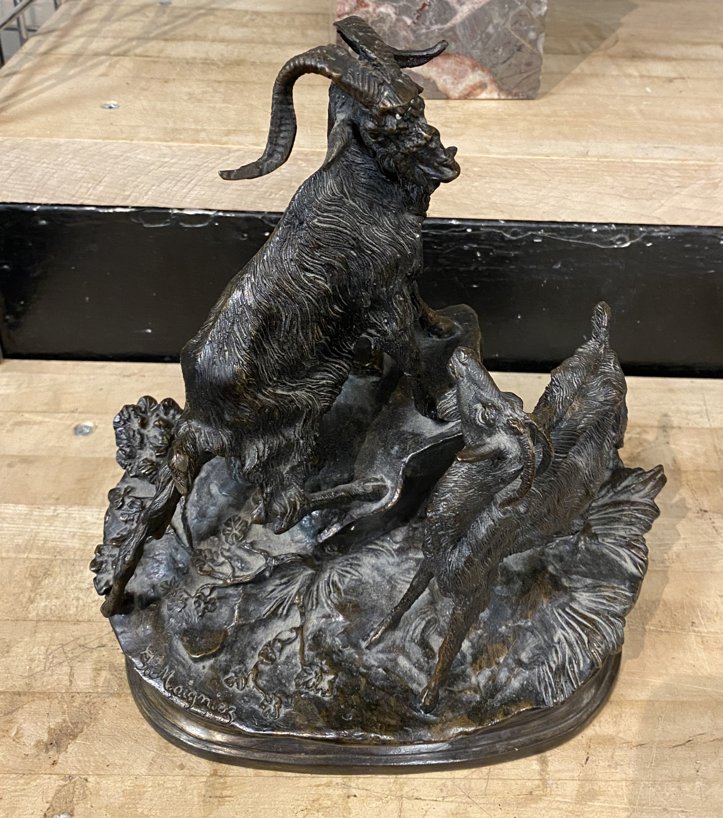 BRONZE MOUNTAIN GOATS SIGNED J.MOIGNIEZ 28CMS (H) APPROX