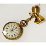 14CT GOLD ENAMELLED FOB WATCH WITH 9CT GOLD BOW