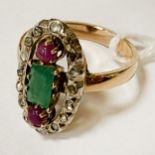 9CT GOLD EMERALD CABOUCHON, RUBY & DIAMOND RING 4.7 GRAMS APPROX