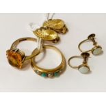 2 GOLD RINGS & 2 PAIRS OF 9 CARAT GOLD EARRINGS 10.4 GRAMS APPROX