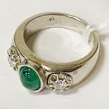 CABOUCHON EMERALD & DIAMOND PLATINUM RING - APPROX 17G - SIZE P