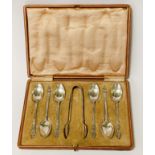 BOXED HM SILVER SET 6 SPOONS & TONGS 2OZ APPROX