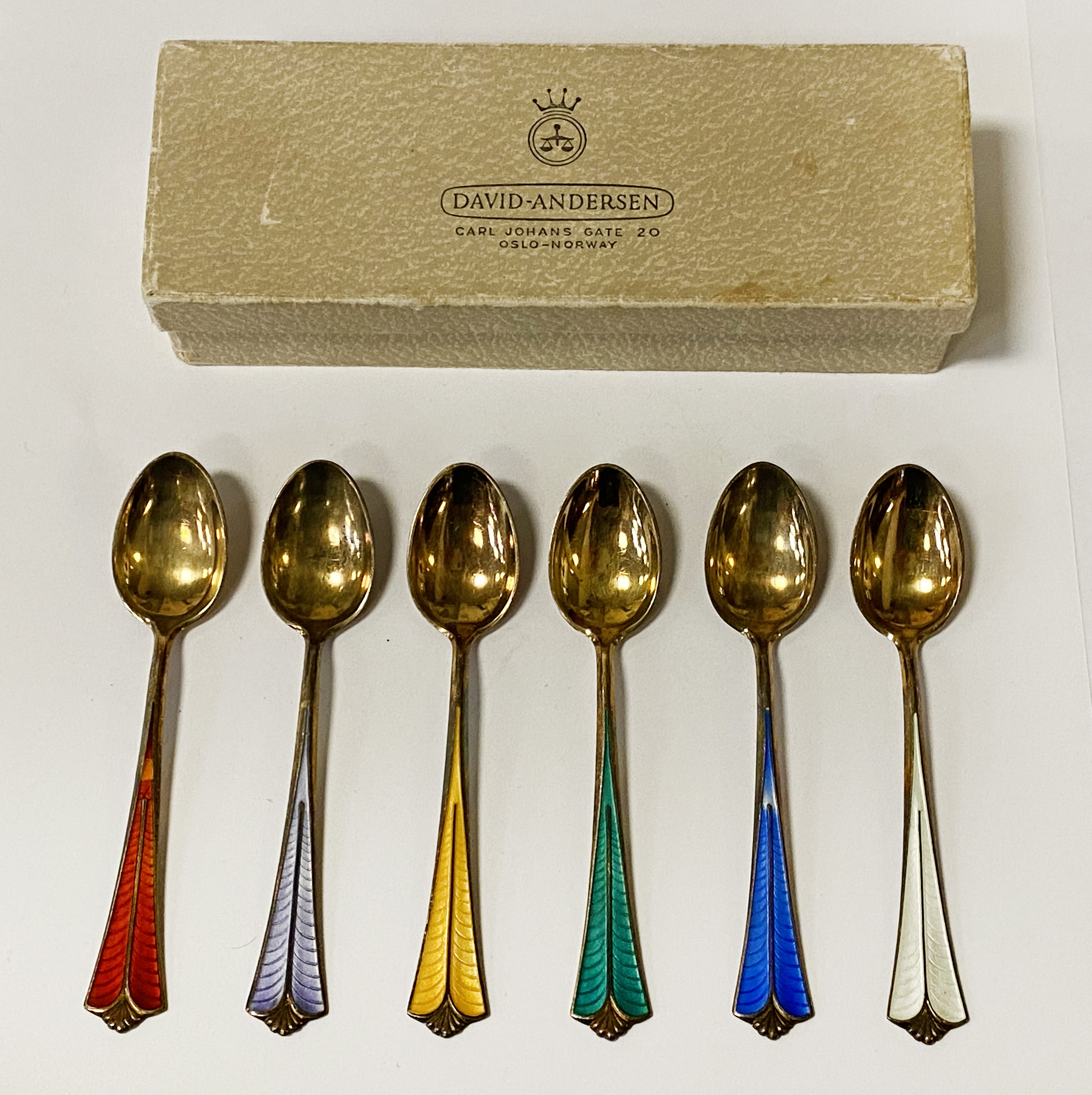 DAVID ANDERSON SET OF SIX ENAMELLED SILVER & GILT COFFEE SPOONS 1OZS APPROX