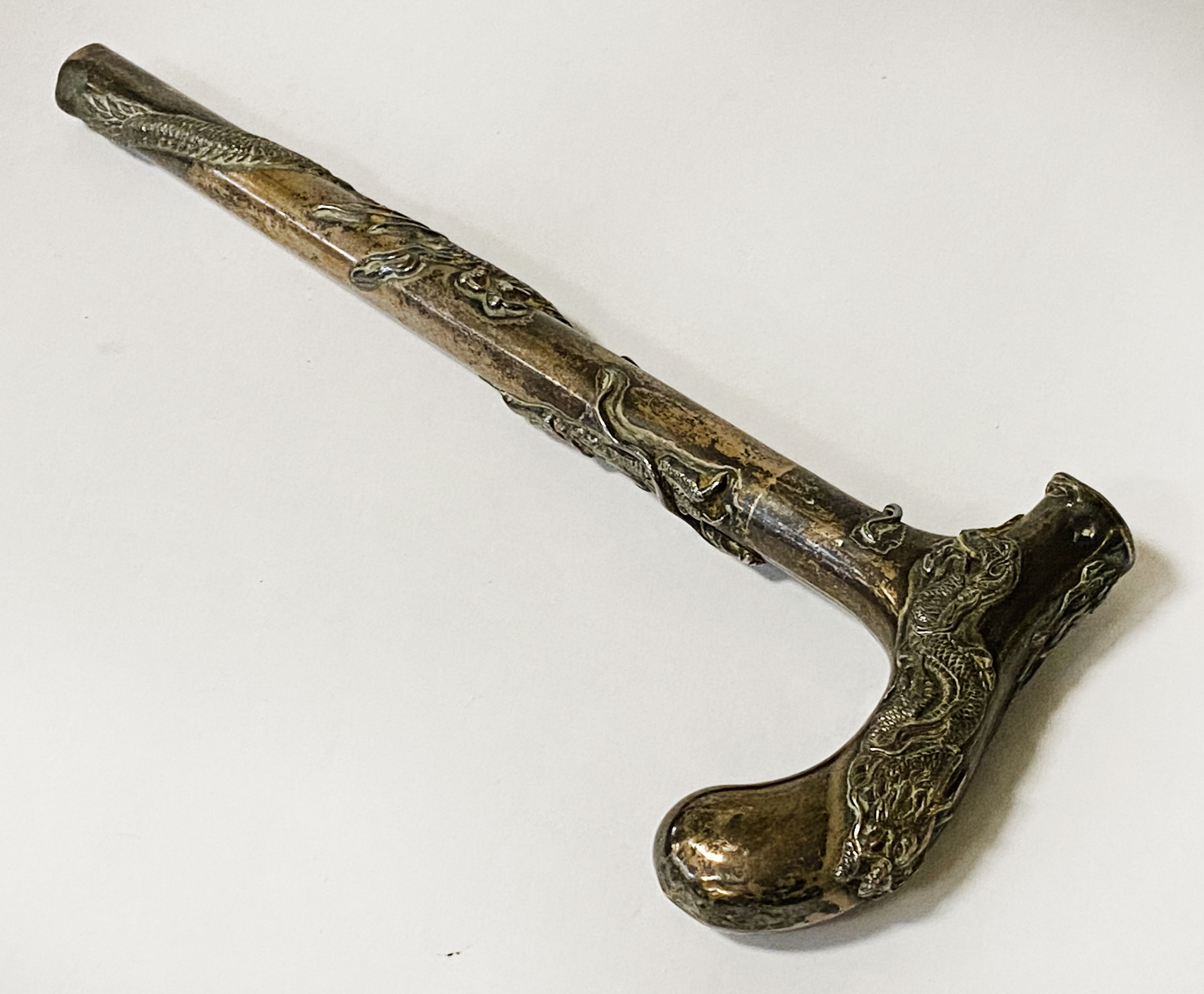 CHINESE SILVER PARASOL HANDLE WITH A SILVER SHOE AND H/M SILVER SHOE AND H/M SILVER BON BON DISH - Image 3 of 3