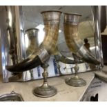 PAIR OF SILVER PLATE 19TH/20TH CENTURY HORNS - 35CMS (H) APPROX