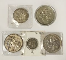 QTY OF SILVER COINS INC. GEORGE 3RD SHILLING 1817, 2 CROWNS 1887 & 1902 WITH GEORGE V HALF CROWN